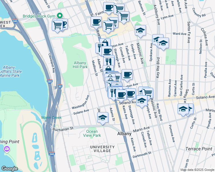 map of restaurants, bars, coffee shops, grocery stores, and more near 1025 Washington Avenue in Albany