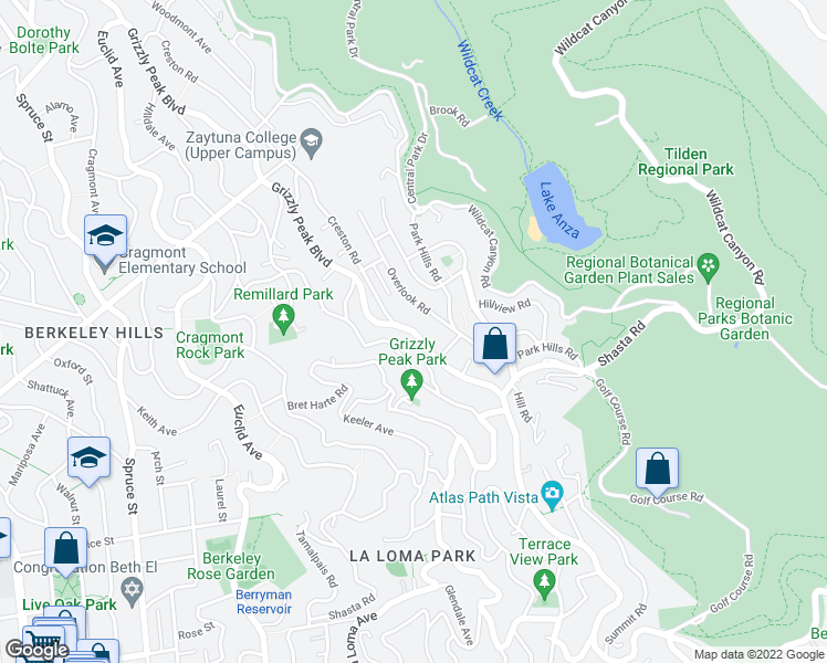 map of restaurants, bars, coffee shops, grocery stores, and more near 1114 Grizzly Peak Boulevard in Berkeley