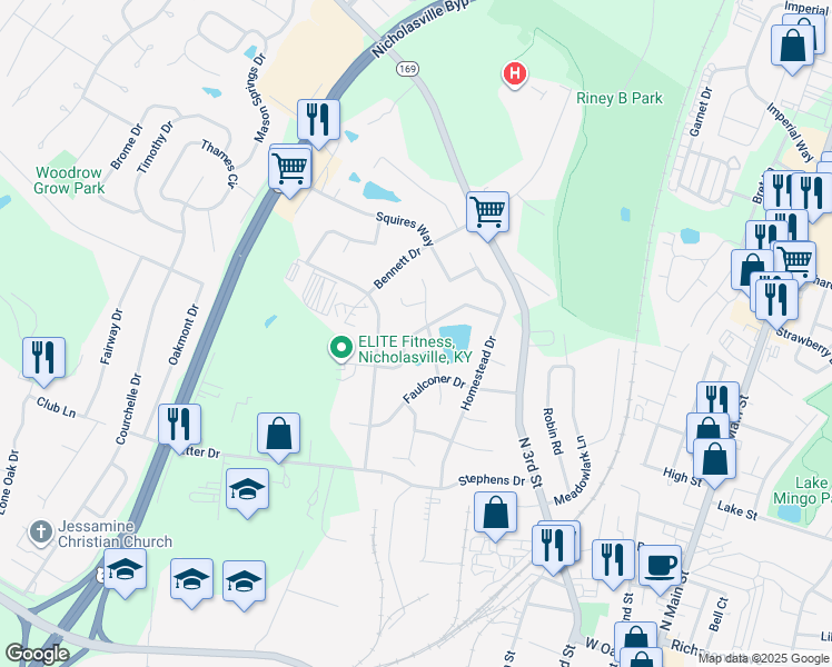 map of restaurants, bars, coffee shops, grocery stores, and more near 110 Bass Pond Glen Dr in Nicholasville