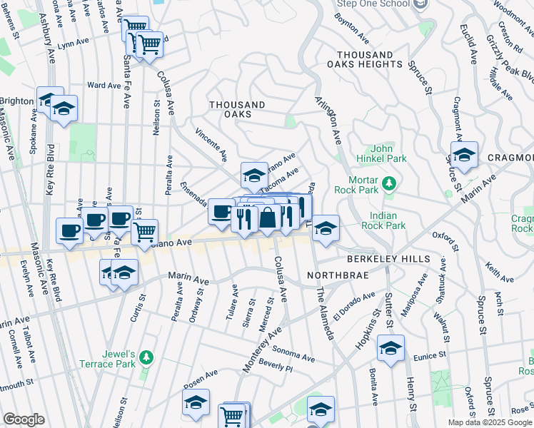 map of restaurants, bars, coffee shops, grocery stores, and more near 853 Colusa Avenue in Berkeley