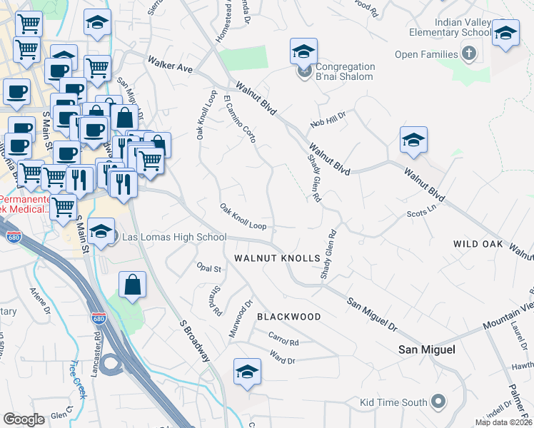 map of restaurants, bars, coffee shops, grocery stores, and more near 200 El Camino Corto in Walnut Creek