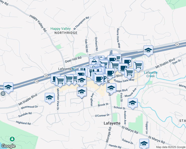 map of restaurants, bars, coffee shops, grocery stores, and more near 1009 Oak Hill Road in Lafayette