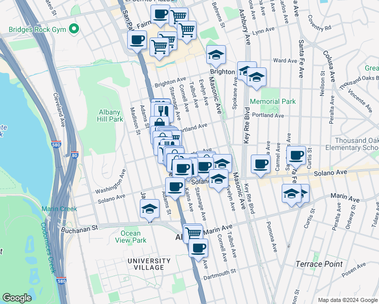 map of restaurants, bars, coffee shops, grocery stores, and more near 730 Cornell Avenue in Albany