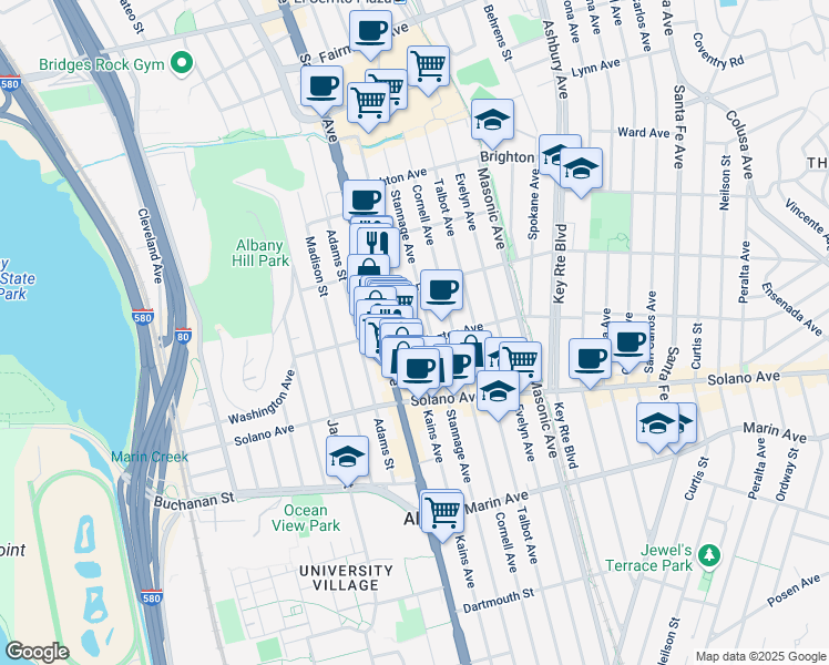 map of restaurants, bars, coffee shops, grocery stores, and more near 730 Cornell Avenue in Albany