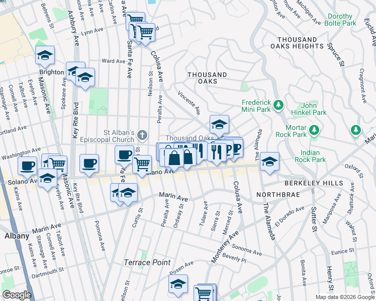 map of restaurants, bars, coffee shops, grocery stores, and more near 826 Ensenada Avenue in Berkeley