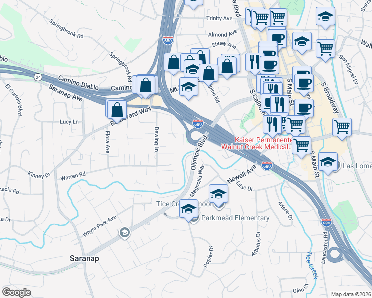 map of restaurants, bars, coffee shops, grocery stores, and more near 48 Bonita Court in Walnut Creek