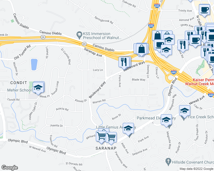 map of restaurants, bars, coffee shops, grocery stores, and more near 1308 Boulevard Way in Walnut Creek