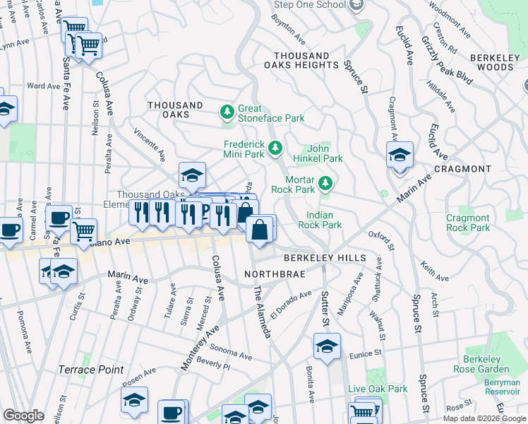 map of restaurants, bars, coffee shops, grocery stores, and more near 818 Mendocino Avenue in Berkeley
