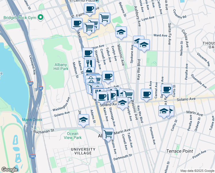 map of restaurants, bars, coffee shops, grocery stores, and more near 730 Cornell Avenue in Albany