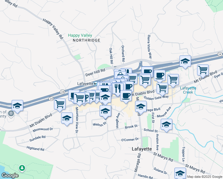 map of restaurants, bars, coffee shops, grocery stores, and more near South Thompson Road & Terrace Way in Lafayette