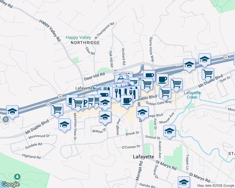 map of restaurants, bars, coffee shops, grocery stores, and more near 1009 Oak Hill Road in Lafayette