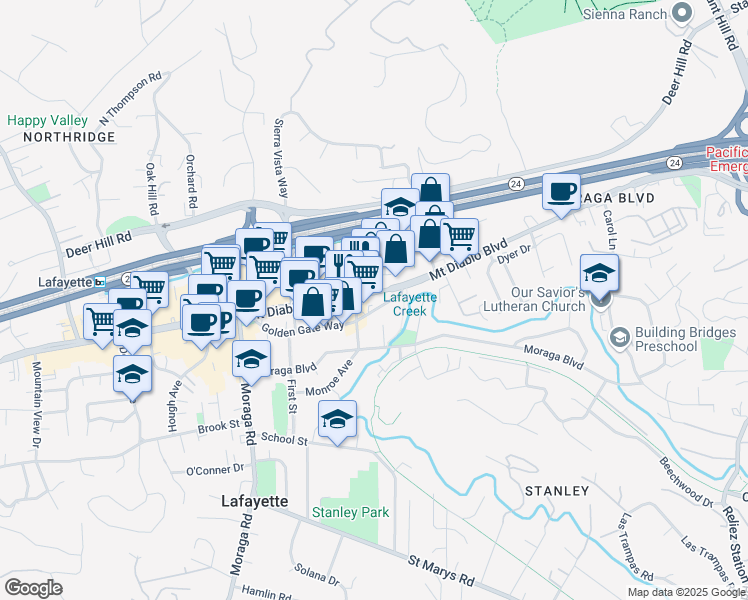 map of restaurants, bars, coffee shops, grocery stores, and more near 1032 Second Street in Lafayette