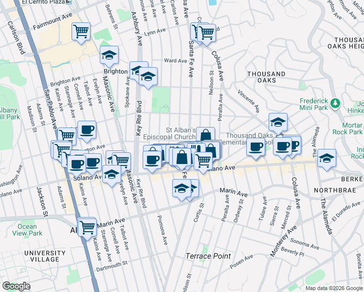 map of restaurants, bars, coffee shops, grocery stores, and more near 737 San Carlos Avenue in Albany