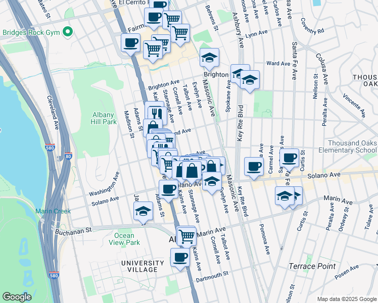 map of restaurants, bars, coffee shops, grocery stores, and more near 1157 Washington Avenue in Albany