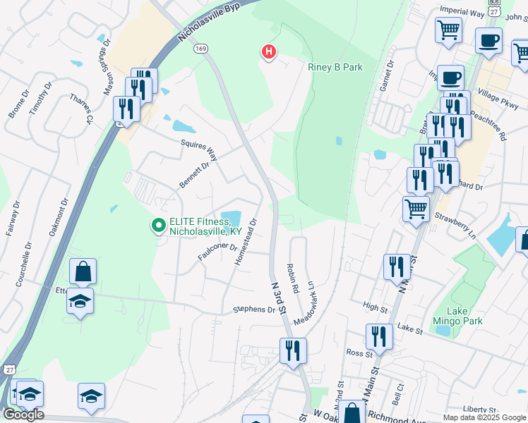 map of restaurants, bars, coffee shops, grocery stores, and more near 604 Homestead Drive in Nicholasville
