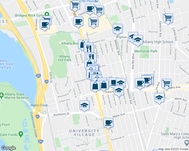 map of restaurants, bars, coffee shops, grocery stores, and more near in Albany