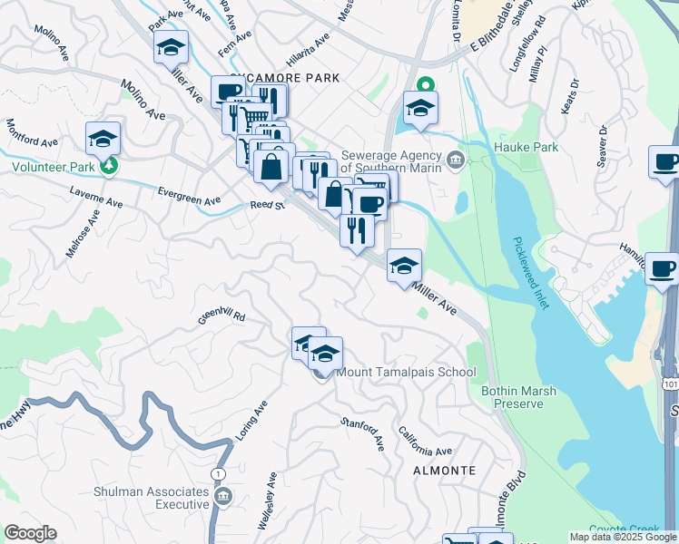 map of restaurants, bars, coffee shops, grocery stores, and more near 16 Gomez Way in Mill Valley