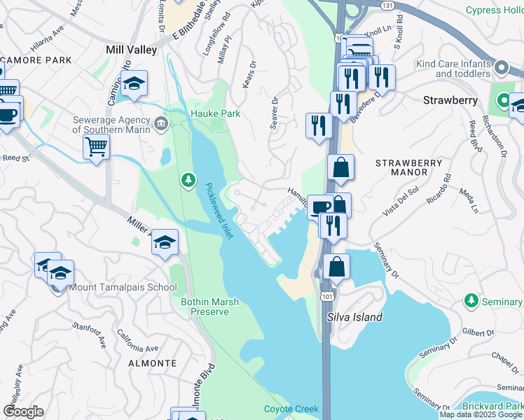 map of restaurants, bars, coffee shops, grocery stores, and more near 48 Eucalyptus Knoll Street in Mill Valley