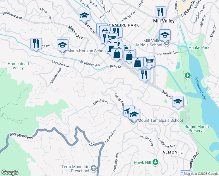 map of restaurants, bars, coffee shops, grocery stores, and more near Homestead Boulevard & Loring Avenue in Mill Valley