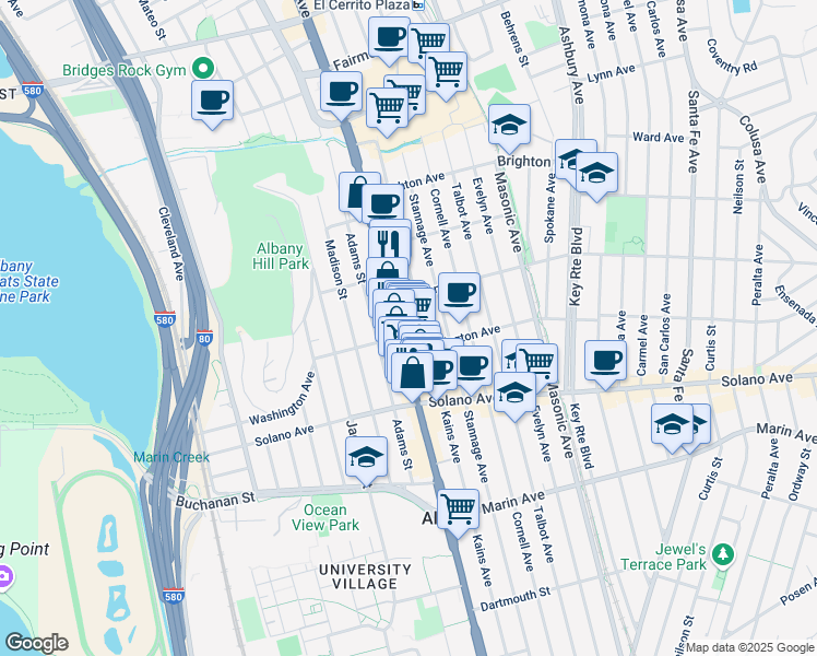 map of restaurants, bars, coffee shops, grocery stores, and more near 727 San Pablo Avenue in Albany