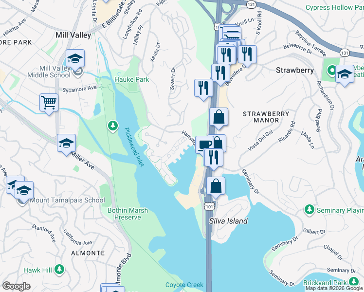 map of restaurants, bars, coffee shops, grocery stores, and more near 1222 Shelter Bay Avenue in Mill Valley