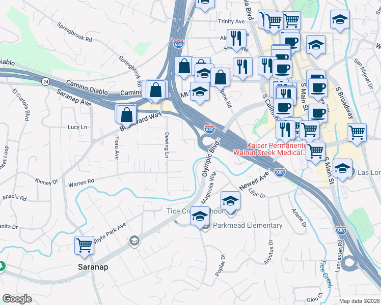 map of restaurants, bars, coffee shops, grocery stores, and more near 41 Bonita Court in Walnut Creek
