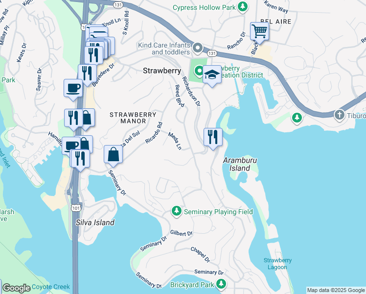 map of restaurants, bars, coffee shops, grocery stores, and more near 216 Meda Lane in Mill Valley