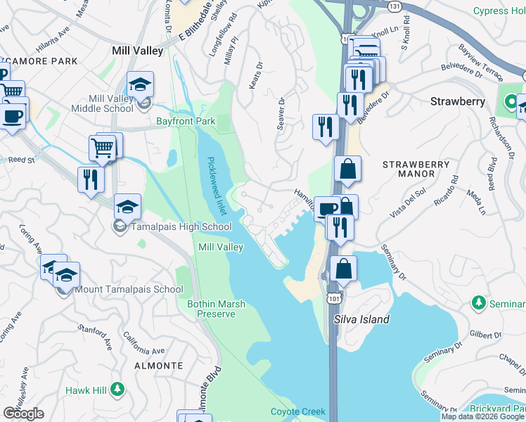 map of restaurants, bars, coffee shops, grocery stores, and more near 74 Eucalyptus Knoll Street in Mill Valley