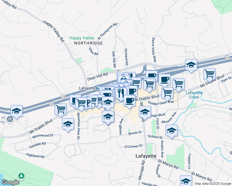 map of restaurants, bars, coffee shops, grocery stores, and more near 1000 South Thompson Road in Lafayette