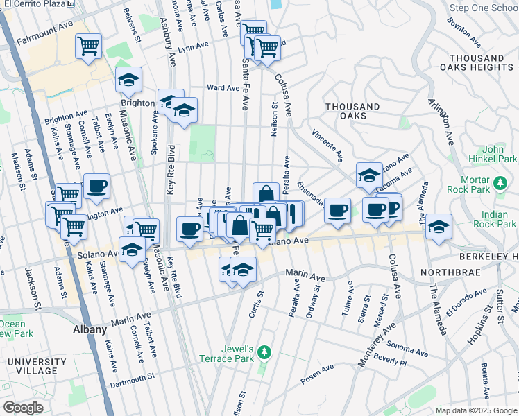 map of restaurants, bars, coffee shops, grocery stores, and more near 801 Curtis Street in Albany