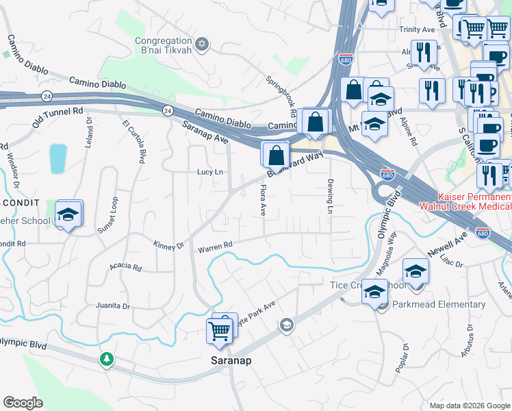 map of restaurants, bars, coffee shops, grocery stores, and more near 141 Flora Avenue in Walnut Creek