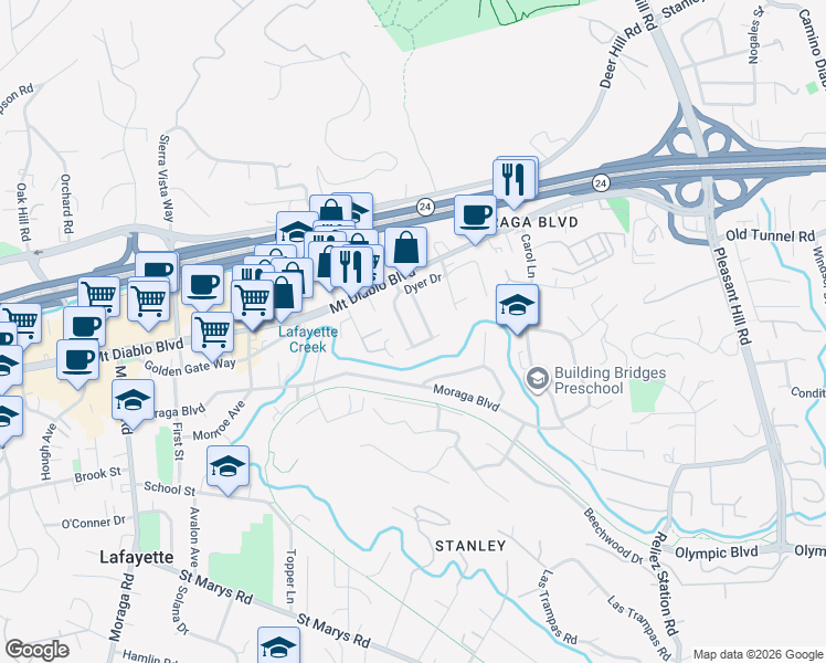 map of restaurants, bars, coffee shops, grocery stores, and more near 1008 Willow Drive in Lafayette