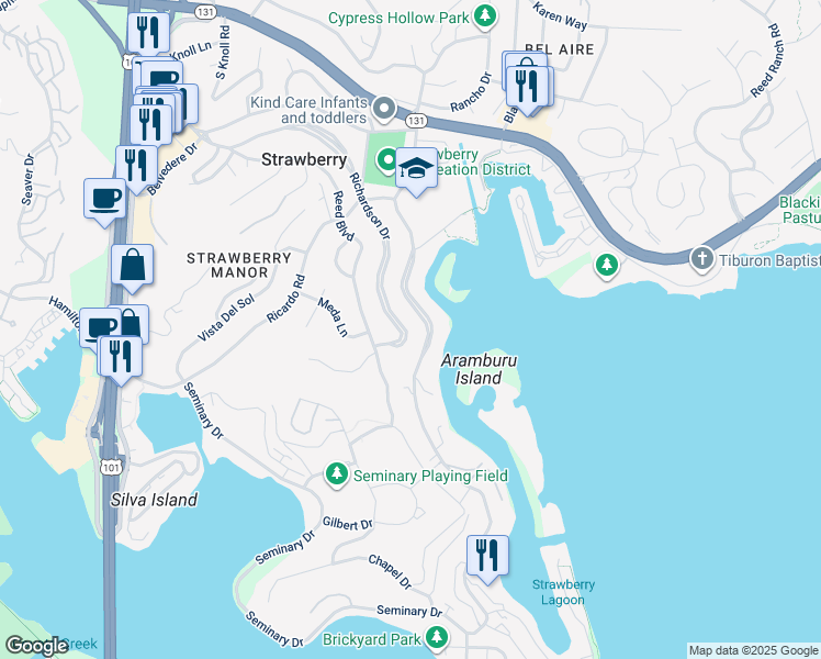 map of restaurants, bars, coffee shops, grocery stores, and more near 259 Richardson Drive in Mill Valley