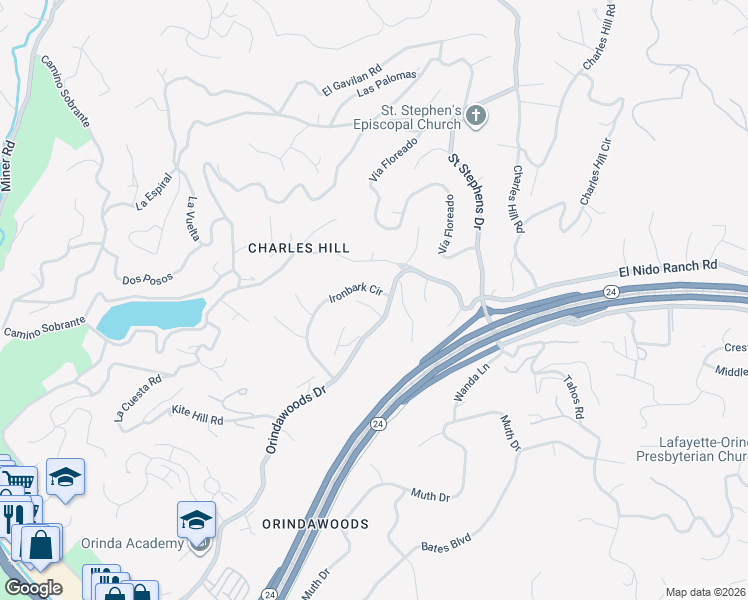 map of restaurants, bars, coffee shops, grocery stores, and more near 689 Ironbark Circle in Orinda