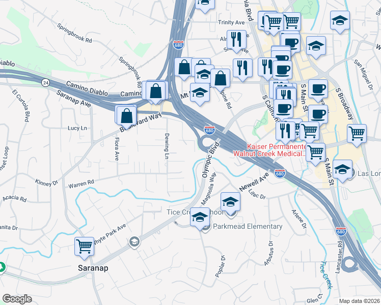 map of restaurants, bars, coffee shops, grocery stores, and more near 41 Bonita Court in Walnut Creek