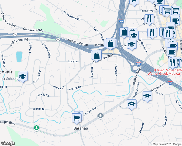 map of restaurants, bars, coffee shops, grocery stores, and more near 141 Flora Avenue in Walnut Creek