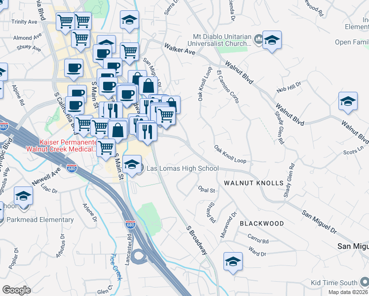map of restaurants, bars, coffee shops, grocery stores, and more near in Walnut Creek