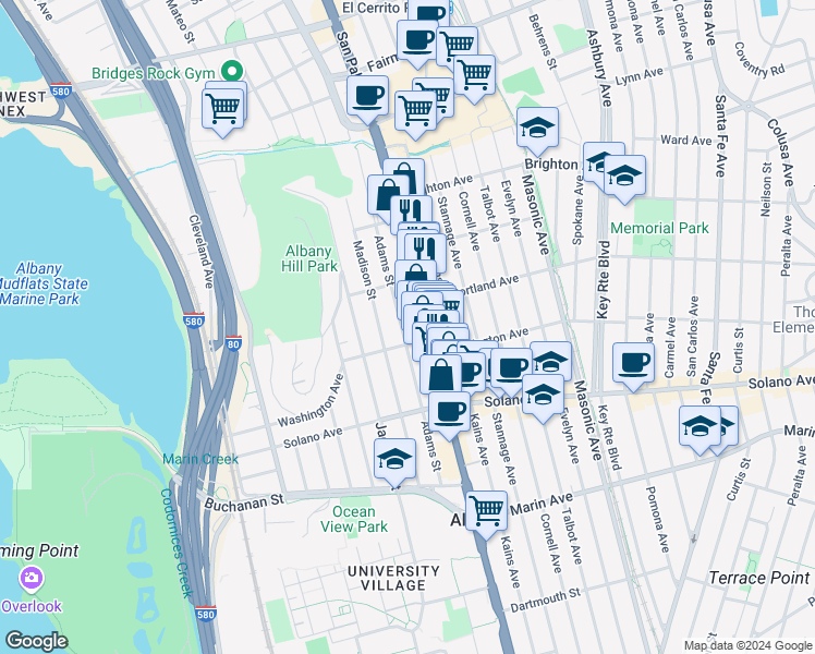 map of restaurants, bars, coffee shops, grocery stores, and more near 728 Adams Street in Albany