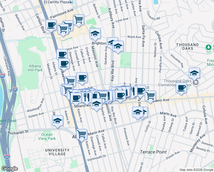 map of restaurants, bars, coffee shops, grocery stores, and more near 1269 Washington Avenue in Albany