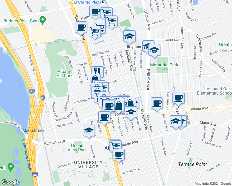 map of restaurants, bars, coffee shops, grocery stores, and more near 730 Cornell Avenue in Albany