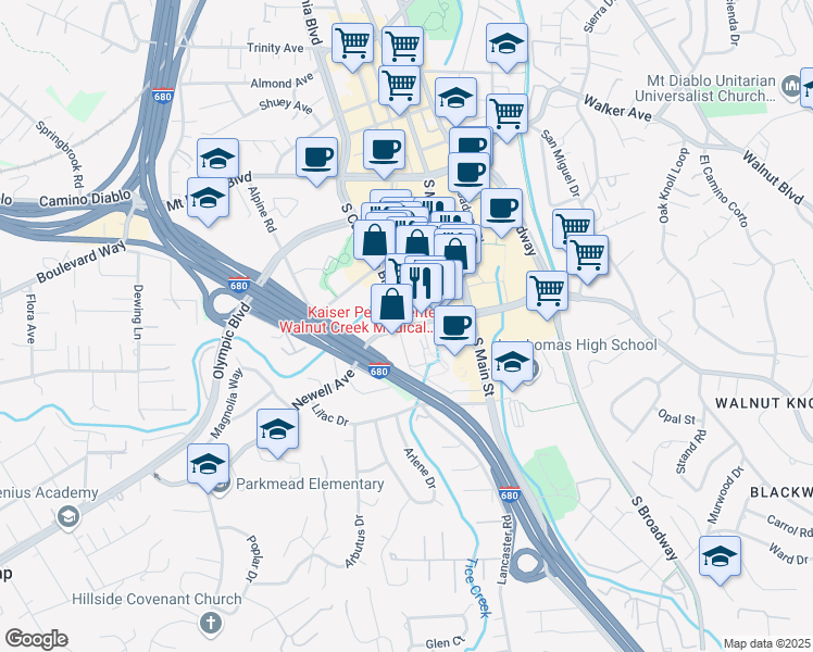 map of restaurants, bars, coffee shops, grocery stores, and more near 1388 South California Boulevard in Walnut Creek
