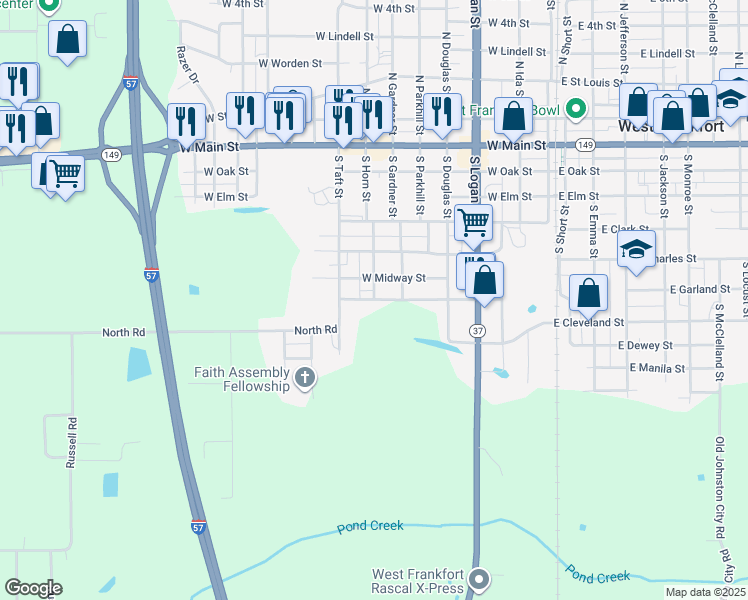 map of restaurants, bars, coffee shops, grocery stores, and more near 701 West Stotlar Street in West Frankfort