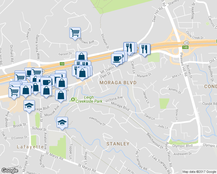 map of restaurants, bars, coffee shops, grocery stores, and more near 1000 Walnut Drive in Lafayette