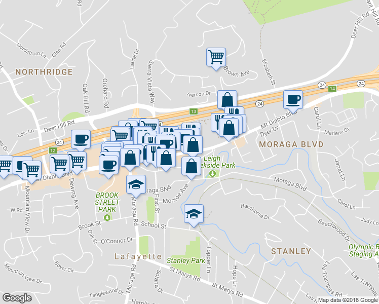 map of restaurants, bars, coffee shops, grocery stores, and more near Mount Diablo Boulevard & 2nd Street in Lafayette