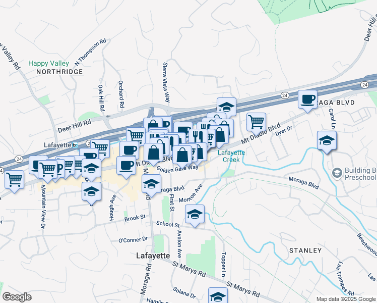 map of restaurants, bars, coffee shops, grocery stores, and more near 3480 Mount Diablo Boulevard in Lafayette