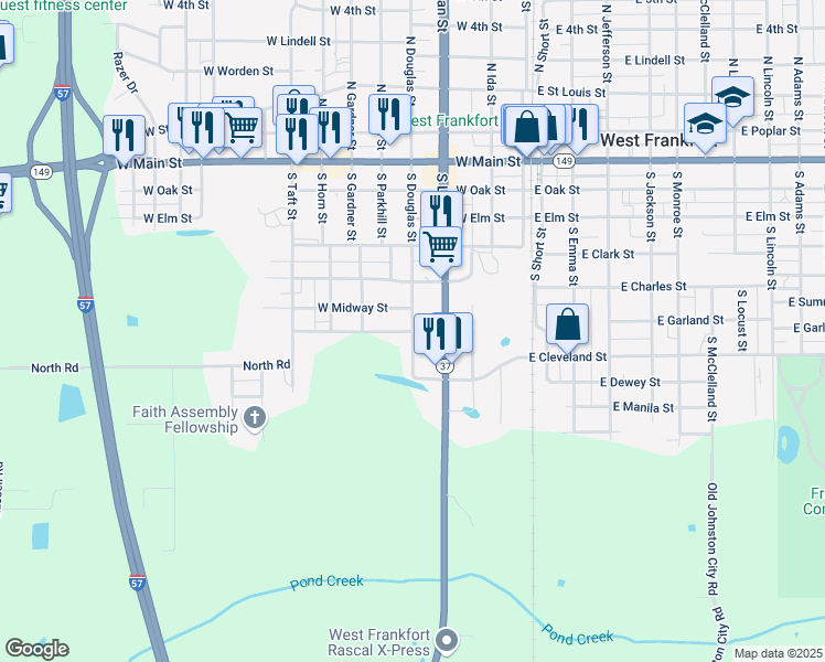map of restaurants, bars, coffee shops, grocery stores, and more near 701 South Douglas Street in West Frankfort