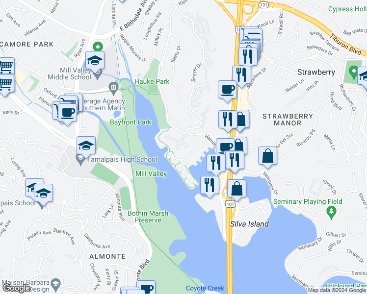 map of restaurants, bars, coffee shops, grocery stores, and more near 47 Eucalyptus Knoll Street in Mill Valley