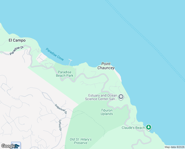 map of restaurants, bars, coffee shops, grocery stores, and more near 3300 Paradise Drive in Marin County