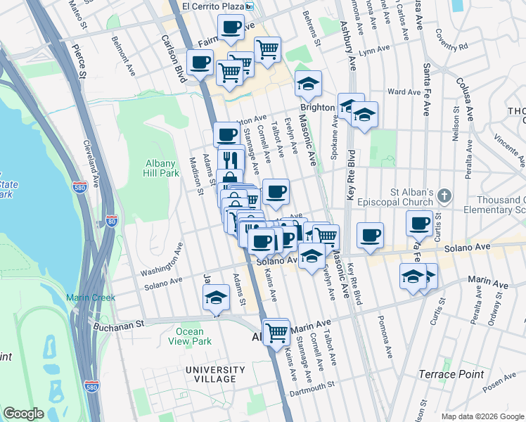 map of restaurants, bars, coffee shops, grocery stores, and more near 728 Stannage Avenue in Albany