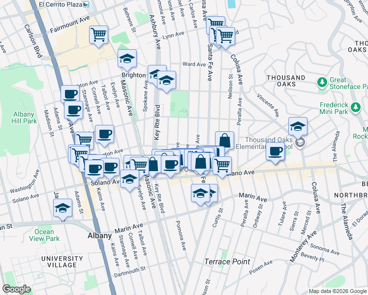map of restaurants, bars, coffee shops, grocery stores, and more near 1341 Washington Avenue in Albany